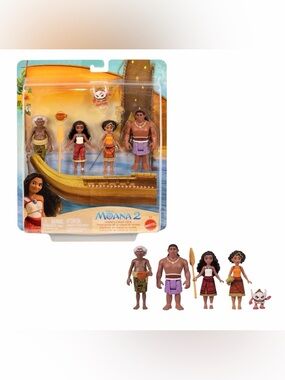 Mattel Moana 2 Four-Figure Pack with Boat Accessory (Brown, Purple, Orange)